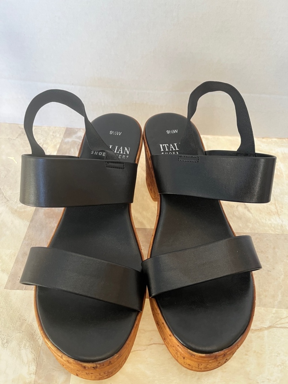 Italian Shoemakers Black Leather-Strap Cork Wedge Sandals - Picture 1 of 12